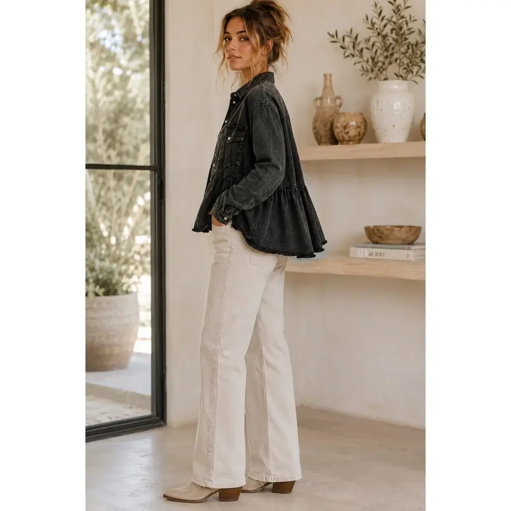 Free People We The Free Washed Black Oversized Peplum Denim Shacket Jacket XL